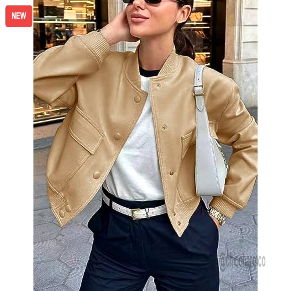 Cropped Bomber Jacket With Button Closure And Sid… - image 2